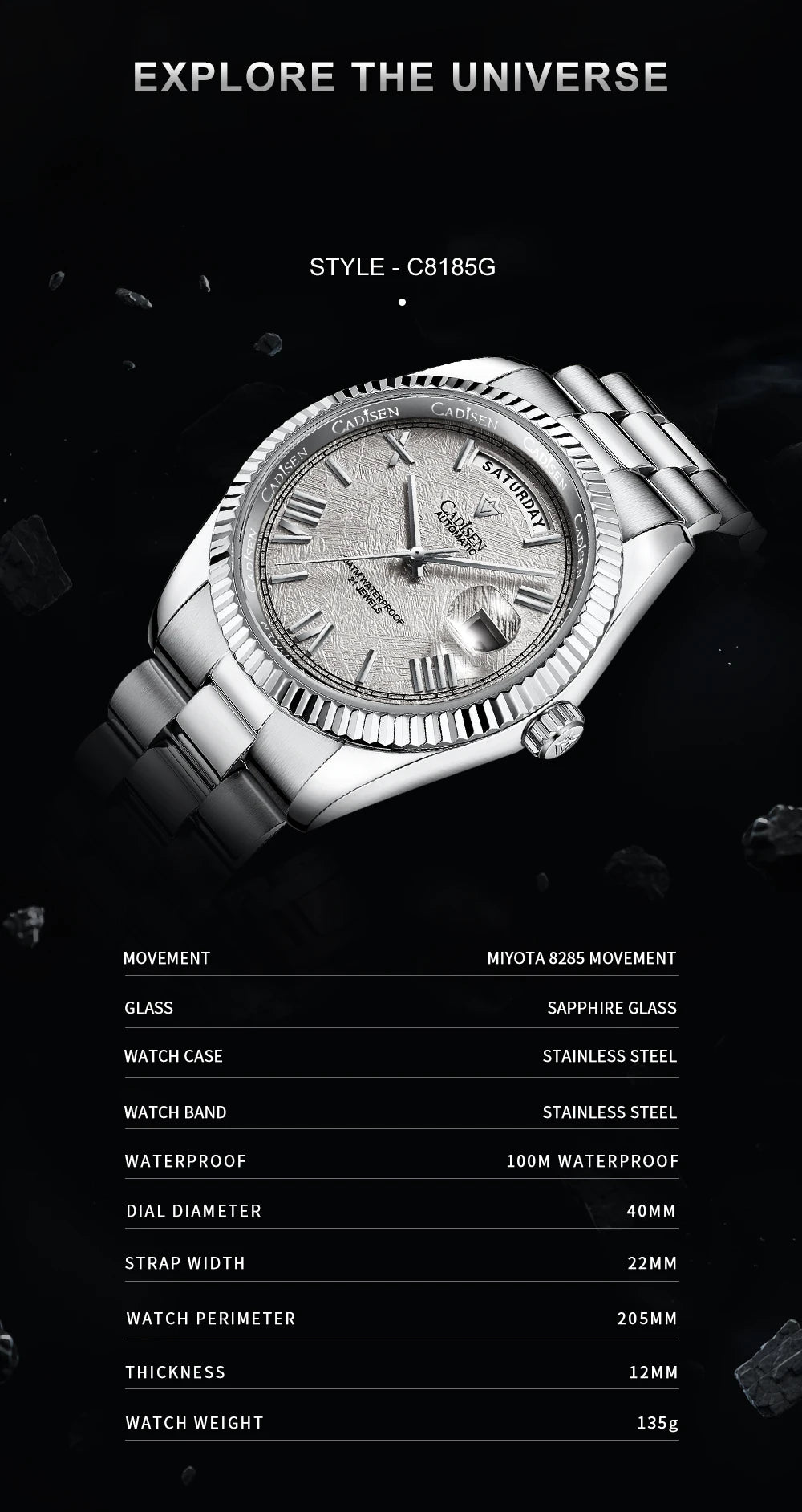 NEW 2025 CADISEN Men's Mechanical Watches Luxury Meteorite Dial Automatic Watch For Men Week 100M Japan MIYOTA 8285 Clock Man