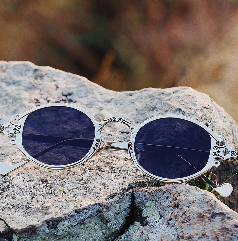 sluneční brýle pro muže ve stylu Cateye, street shoot, retro, steampunk, gotické, oválné, s kovovou obrubou a vyřezávaným vzorem, Gafas sol mujer