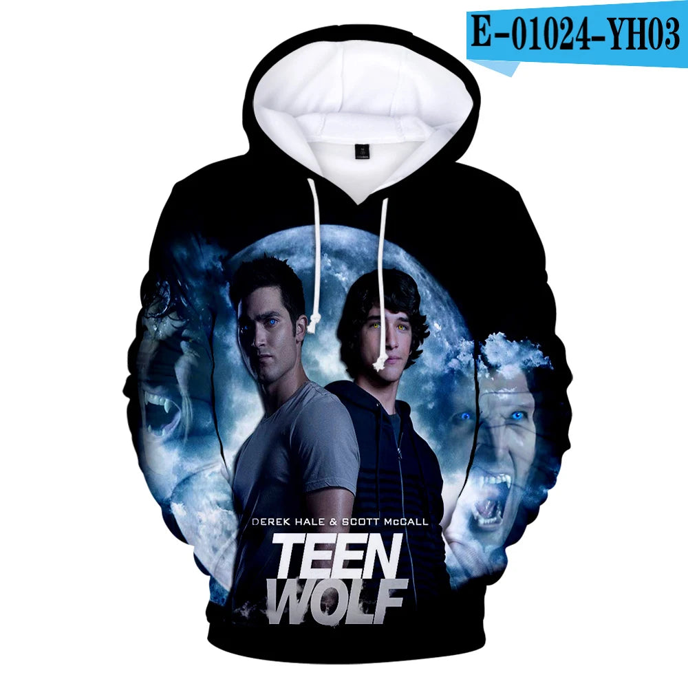 Naujo TV serialo TEEN WOLF 3D rašto džemperiai su gobtuvu vyrams ir moterims, Harajuku stiliaus rudens vaikiški gatvės mados puloveriai, hiphopo džemperis su gobtuvu