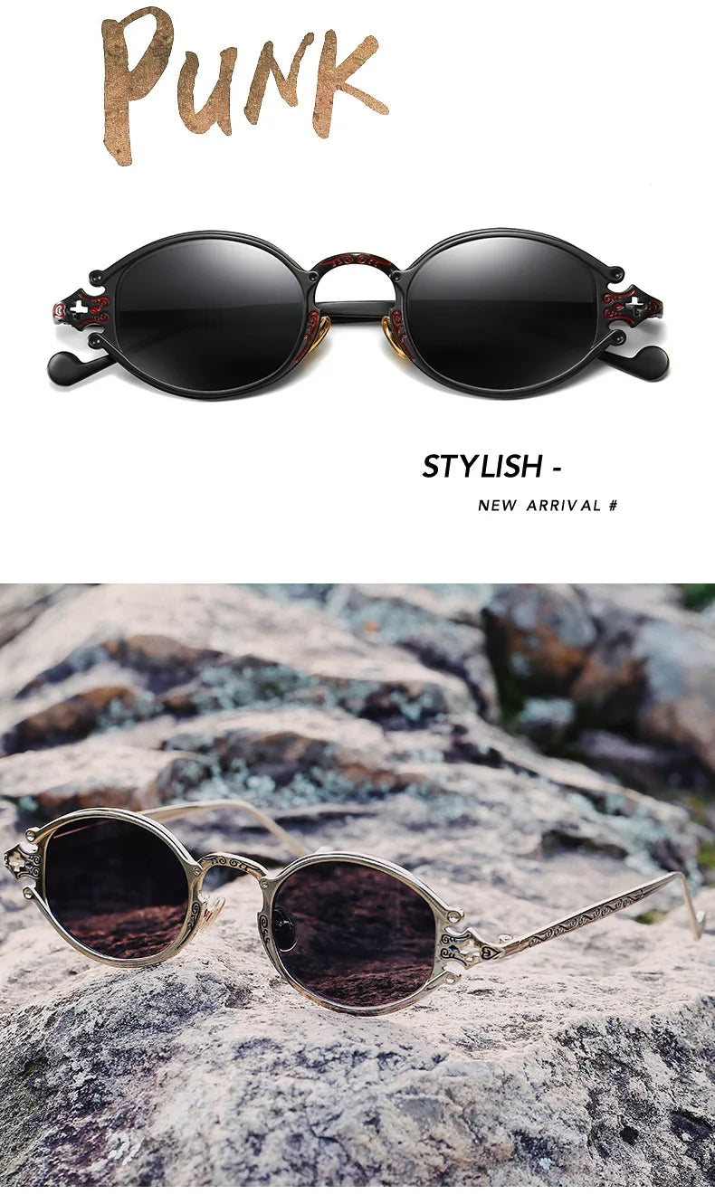 sluneční brýle pro muže ve stylu Cateye, street shoot, retro, steampunk, gotické, oválné, s kovovou obrubou a vyřezávaným vzorem, Gafas sol mujer