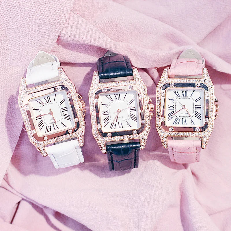 Square Women Watches Waterproof Luxury Rhinestone Quartz Wristwatch PU Leather Ladies Watch Female Ladies Watch Gift Wrist Watch