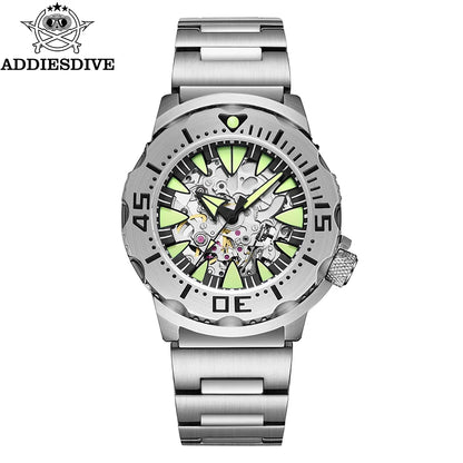 ADDIESDIVE  Luxury Automatic Watches for Men Sapphire 8N24 Stainless Steel Skeleton Luminous 20Bar Waterproof Gift Box Watch