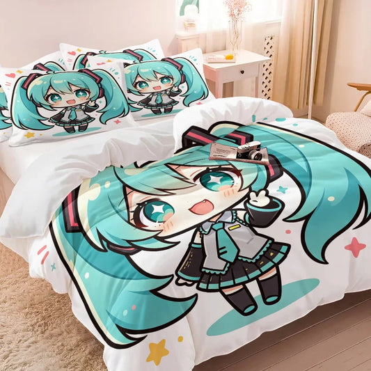 Conjunto de capa de edredão estilo chibi Hatsune Miku, roupa de cama anime adorável com fronhas, decoração para quarto gaming de adolescentes e crianças, presente para fãs