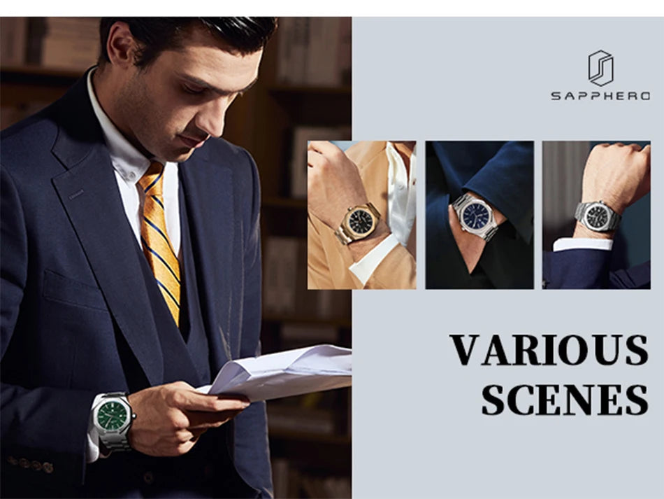 SAPPHERO Luxury Men's Watches Date Display Stainless Steel Watch Strap Men's Gifts Travel Essentials Waterproof Wristwatch