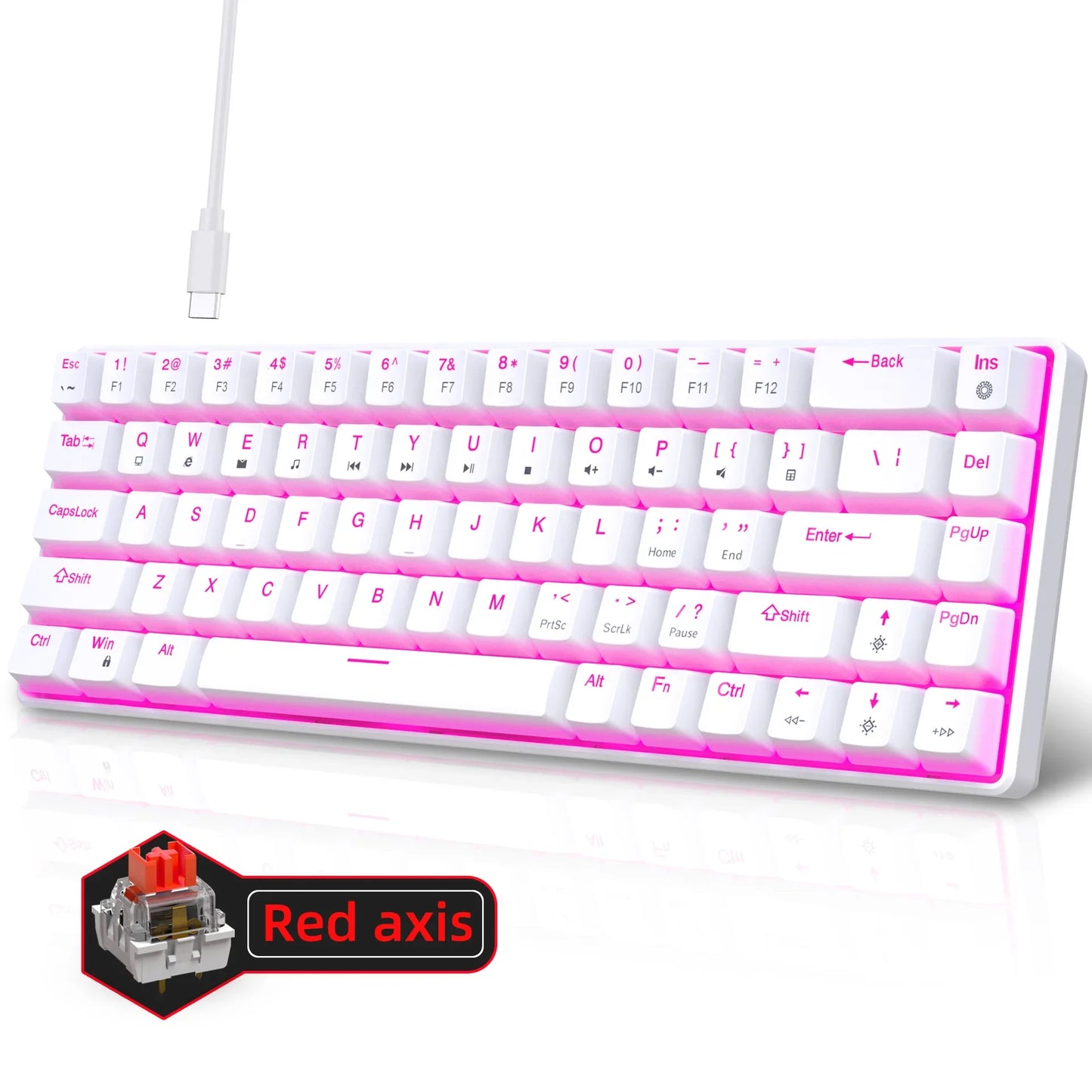 Tastiera meccanica gaming 60% USB con tasti bianchi, mini tastiera gamer ergonomica per computer, retroilluminata, tastiera PC per musica