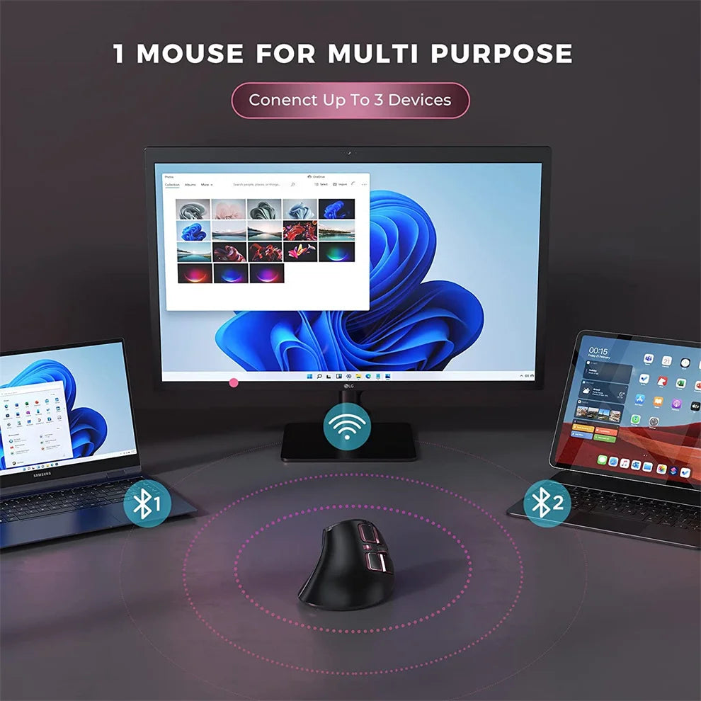 Mouse verticale wireless Jomaa 2.4G+Bluetooth per Apple Mac, laptop e notebook, 9 pulsanti, mouse gaming ricaricabile per PC e iPad