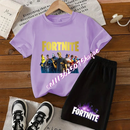 Conjunto infantil de verão Fortnite com t-shirt e calções anime, 2 peças, manga curta, algodão, casual, desportivo, presente