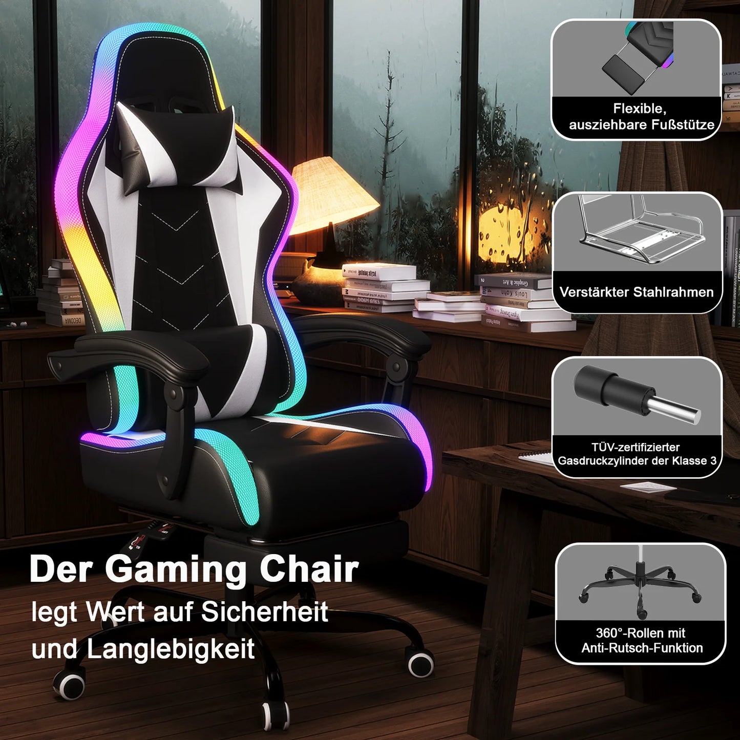 HOMALL LED Gaming Chair Ergonomic Computer Chair with Footrest, RGB Lights, Lumbar Support, Headrest, Reclining Office Desk Chair