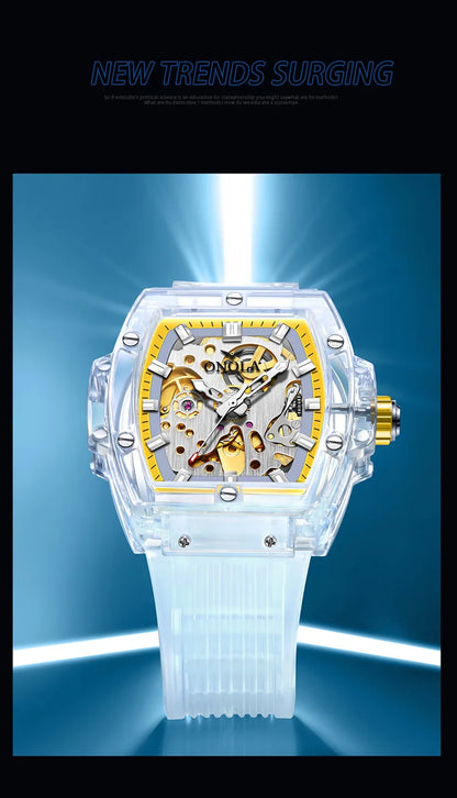 Luxury men's watch onola plastic transparent hollow full automatic mechanical watches men waterproof clock