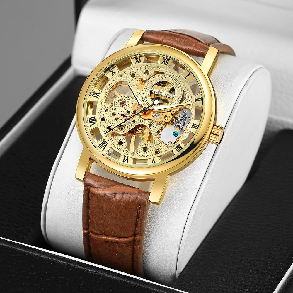 T-Winner Popular Lovers Skeleton Design Gold Watches Mechanical Hand Wind Movement PU Leather Strap Wristwatch for Men Women