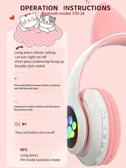 Cute Cat Ears Wireless Bluetooth Headphones with Mic LED Lights, Kids Stereo Music Headset, Cat Ear Wireless Headphones with Noise Cancelling, Gaming & Gift Headphones