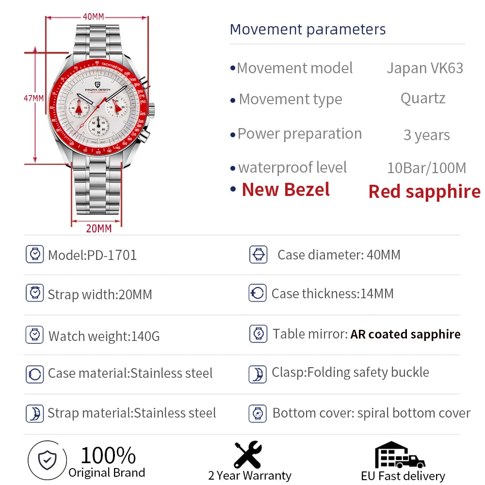 PAGANI DESIGN AK Project Mars Men's Watches Top Luxury Quartz Watch For Men AR Sapphire Speed Sport Chronograph Automatic Date