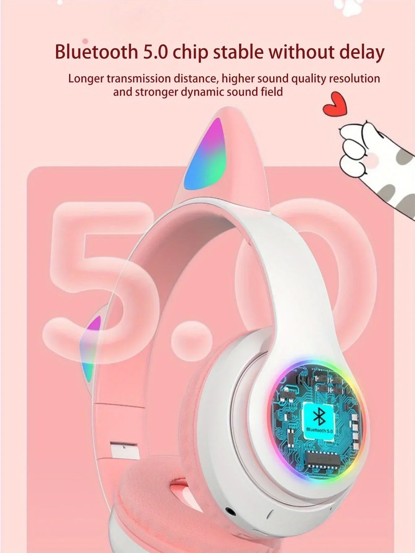 Cute Cat Ears Wireless Bluetooth Headphones with Mic LED Lights, Kids Stereo Music Headset, Cat Ear Wireless Headphones with Noise Cancelling, Gaming & Gift Headphones