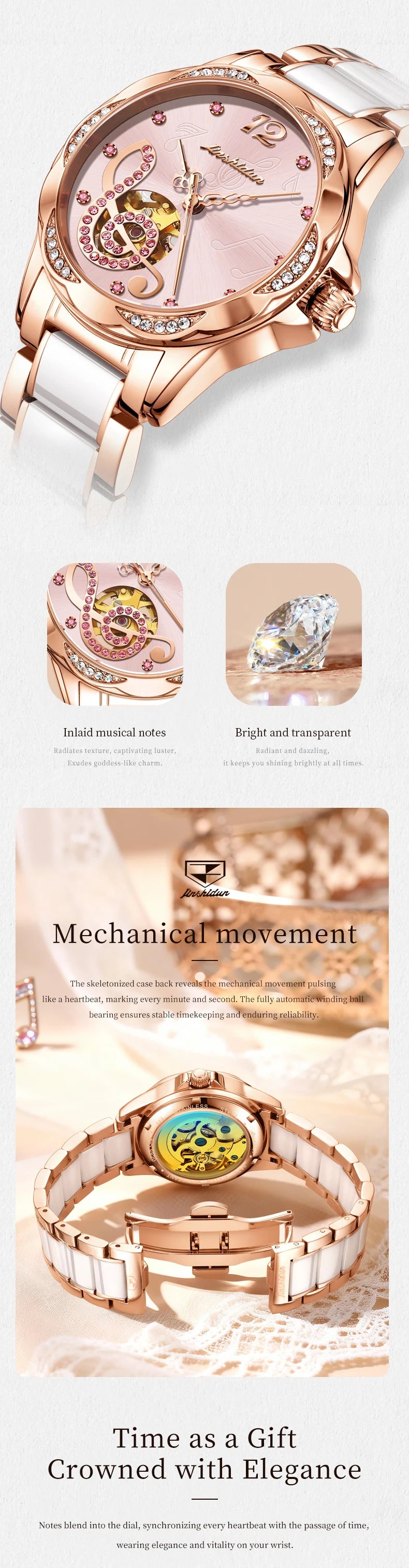 JSDUN 8820 Women Watches Mechanical Watch Luxury Elegant Original Watch Ceramics Strap Waterproof Luminous Ladies Watch Gift Box