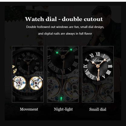 AILANG Top Brand Luxury Watch Men Automatic Luminous Black Clock Men Double Tourbillon Waterproof Mechanical Watch Relogio