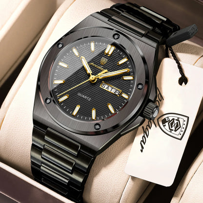 POEDAGAR Business Men Clock Date Week Stainless Steel Luxury Man Wristwatch Waterproof Luminous Sport Quartz Men's Watches Reloj