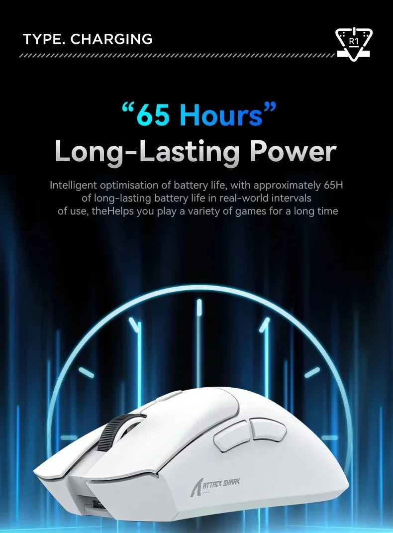 Ratón gaming inalámbrico Bluetooth Attack Shark R1 2.4G USB, 18K DPI, PAW3311, conectividad tri-modo, ligero 59g, para PC, portátil y Mac