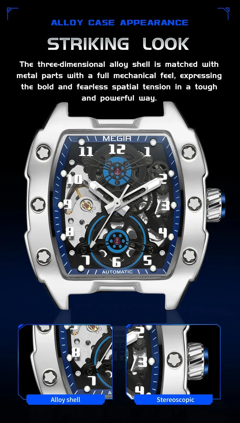 MEGIR Fashion Sport Alloy Case Men Mechanics Watch Waterproof Silicone Band Barrel Shaped Dial Luminous Pointer Man Wristwatches
