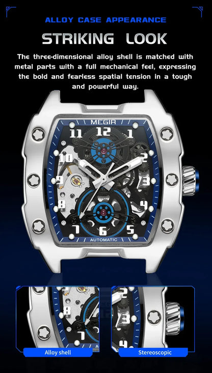 MEGIR Fashion Sport Alloy Case Men Mechanics Watch Waterproof Silicone Band Barrel Shaped Dial Luminous Pointer Man Wristwatches
