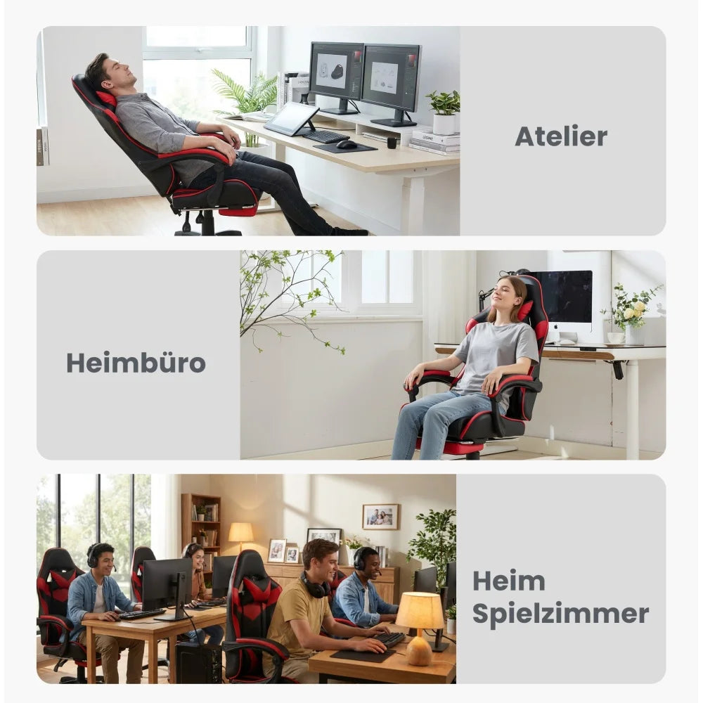 360 ° - Swivel Ergonomic Racing Design Gaming Chair Leather, Headrest and Lumbar Support for Office and Gaming - Black&Red