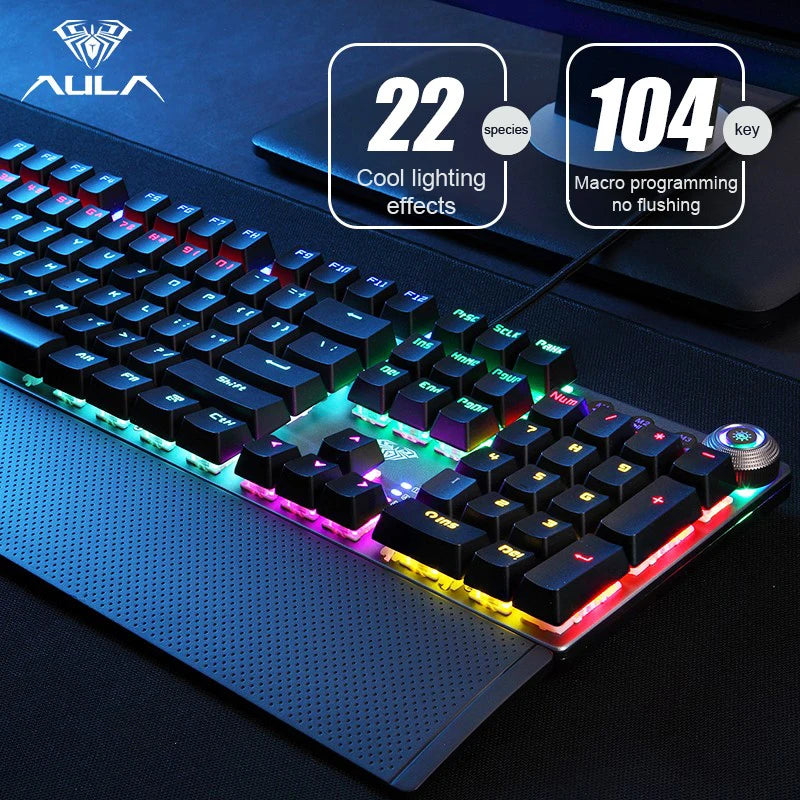 Tastiera meccanica AULA F2088 cablata da gaming con manopola multifunzione, 104 tasti, retroilluminazione Magic e programmazione macro Compu