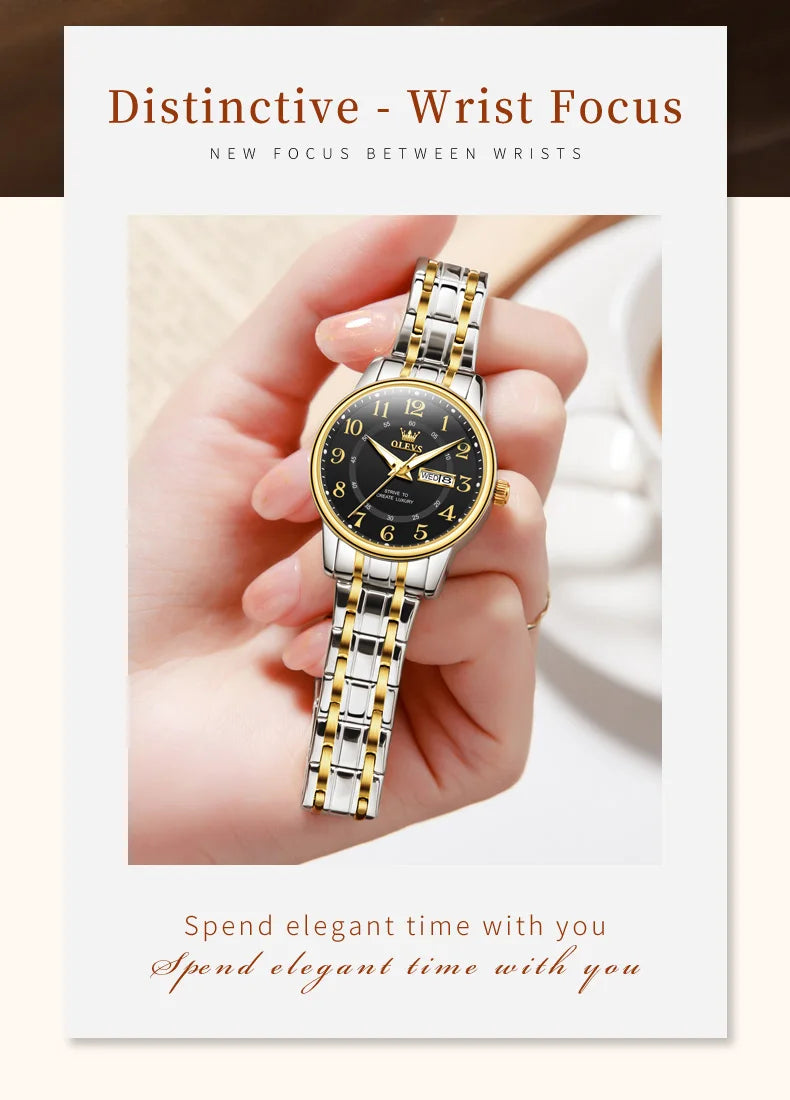 OLEVS 2891 Luxury Brand Fashion Women's Watches Waterproof Luminous Quartz Watch Dual Calendar Stainless Steel Strap Wristwatch