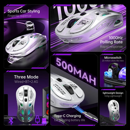Rato Gaming Sem Fios 2.4G Trimodo RGB, Design Oco Leve com Iluminação Chroma, Com Fios/Bluetooth, Rato E-Sports Controlador