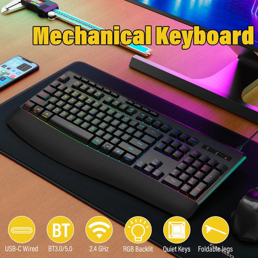 E-YOOSO RGB Colorful Gaming Keyboard 104 Keys Bluetooth 2.4G USB Wired Mechanical Keyboard with Wrist Rest Low Voltage Indicator