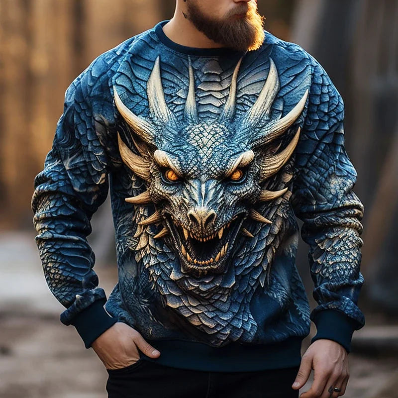 Huvtröja för herr med kinesiskt draktryck – moderiktig sweatshirt med 3D-drakmönster, hiphop, oversized pullover för herr, Monster Golf