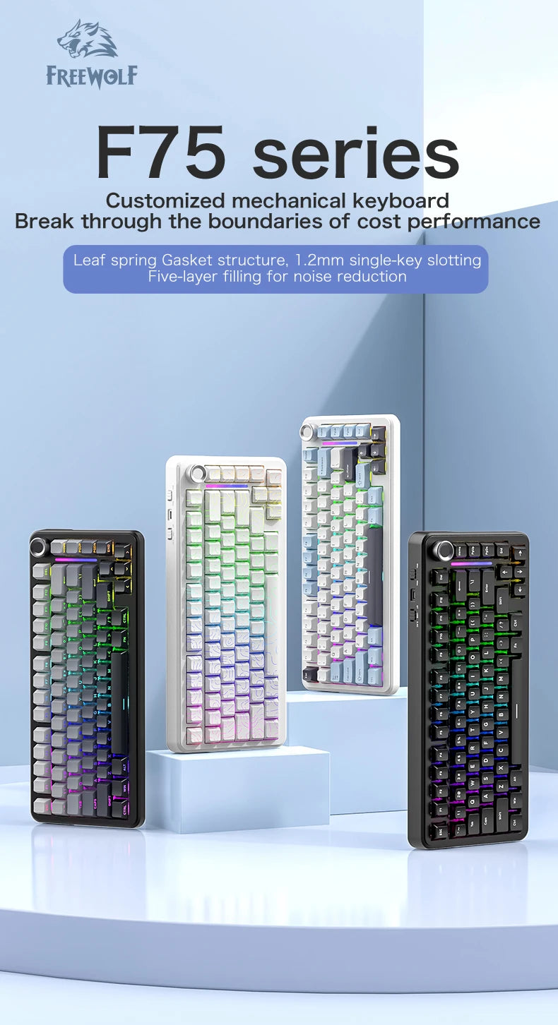F75 Mechanical Keyboard FREEWOLF 81 Keys Layout Metal Knobs PBT Keycaps,Fully Hot-swappable Keys RGB Multi-color Backlighting