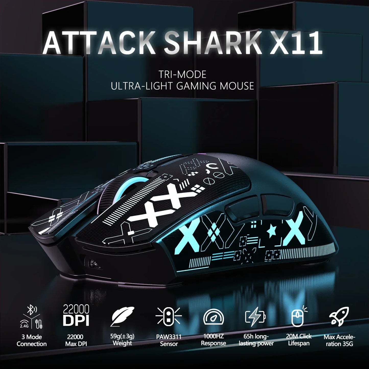 ATTACK SHARK X11 Wireless Gaming Mouse with Charging Dock, PAW3311 Sensor, 22,000 DPI, Tri-Mode Bluetooth 2.4G & Wired Gaming Mouse