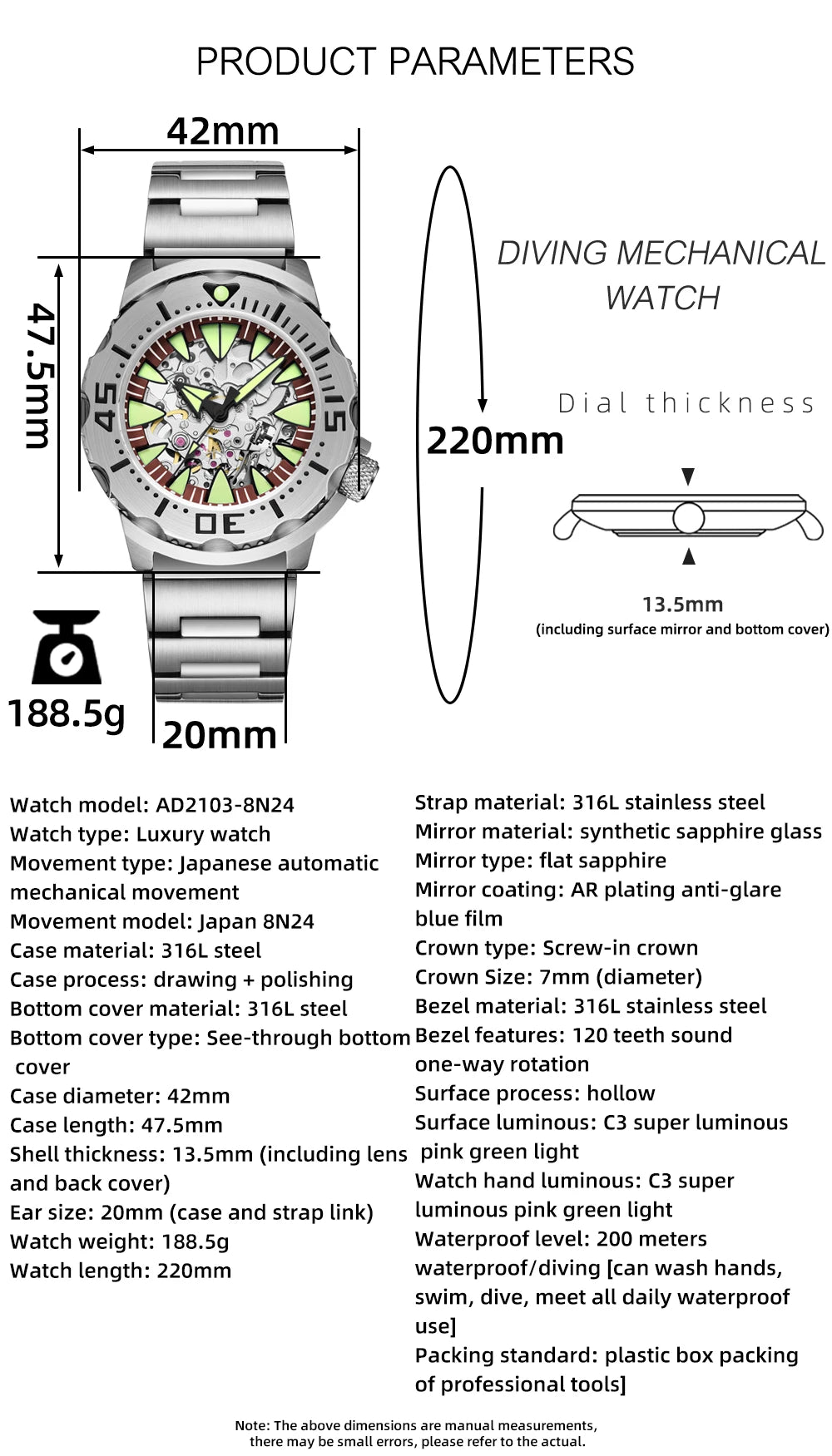 ADDIESDIVE  Luxury Automatic Watches for Men Sapphire 8N24 Stainless Steel Skeleton Luminous 20Bar Waterproof Gift Box Watch