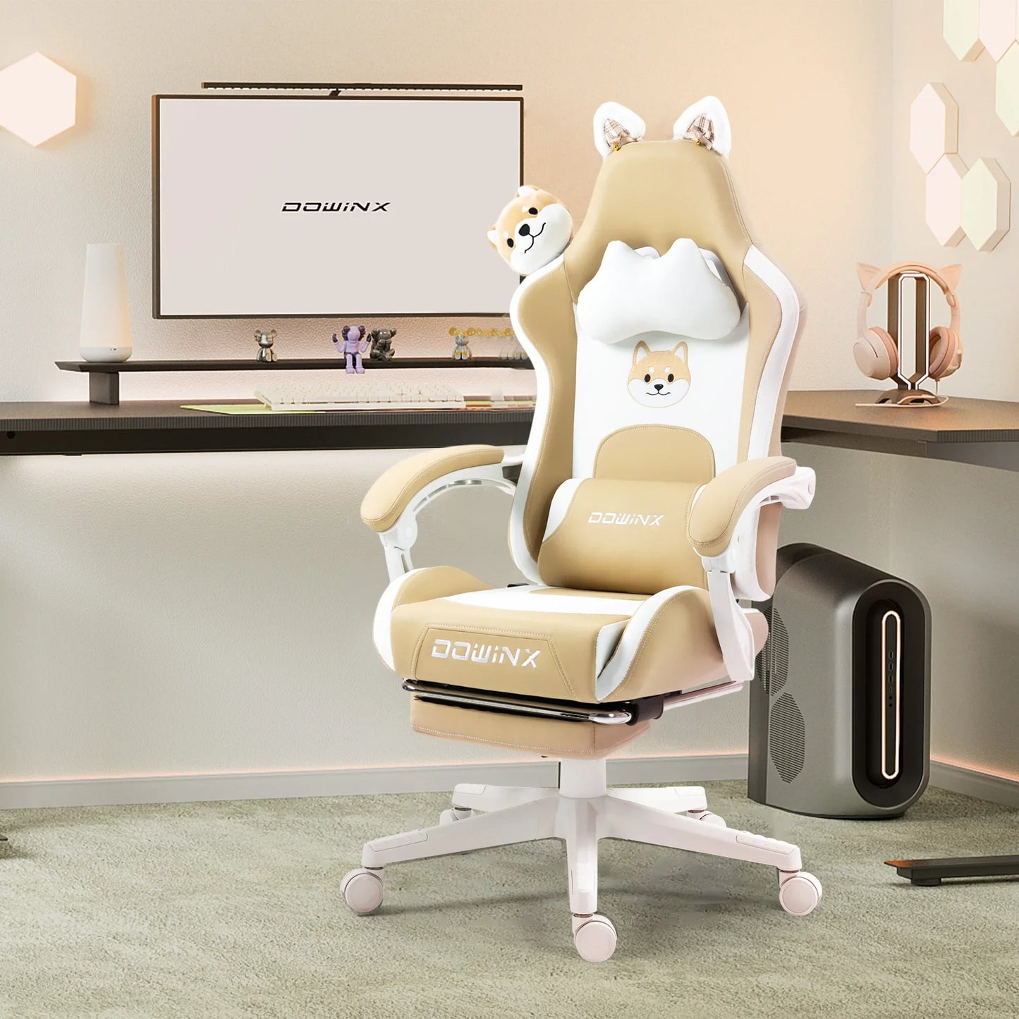 Cute Gaming Chair with Cat Ears, Pink Kawaii Ergonomic Gamer Chair with Footrest, Cat Paw Lumbar Support, High Back Computer Gaming Chair