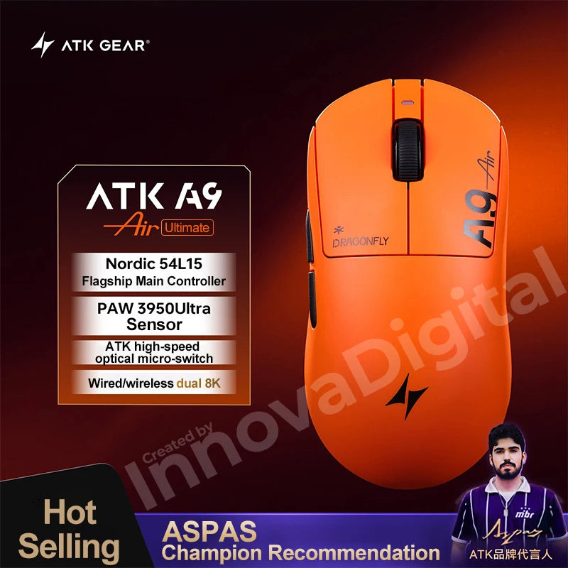 Mouse de gaming wireless ATK Dragonfly A9 Ultimate A9 Air PAW3950, ultra-ușor, ergonomic, pentru e-sports gamer FPS CSGO A9 Ultra