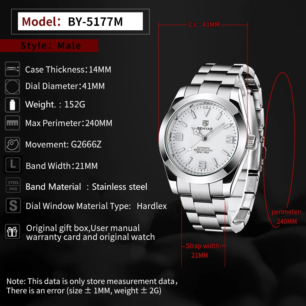 BENYAR 2025 Neue automatische mechanische Herrenuhr, Business-Sport-Luxus-Herrenuhr, 50M wasserdichte Uhr, Relogios Masculino