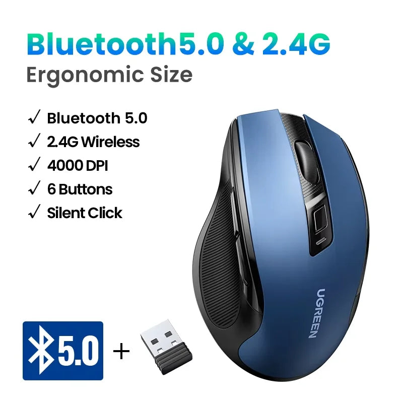 Rato sem fios UGREEN Bluetooth 5.0 ergonómico, 4000DPI, 6 botões silenciosos, para MacBook, tablet, portáteis, computador e PC, rato 2.4G
