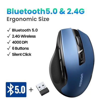 Rato sem fios UGREEN Bluetooth 5.0 ergonómico, 4000DPI, 6 botões silenciosos, para MacBook, tablet, portáteis, computador e PC, rato 2.4G