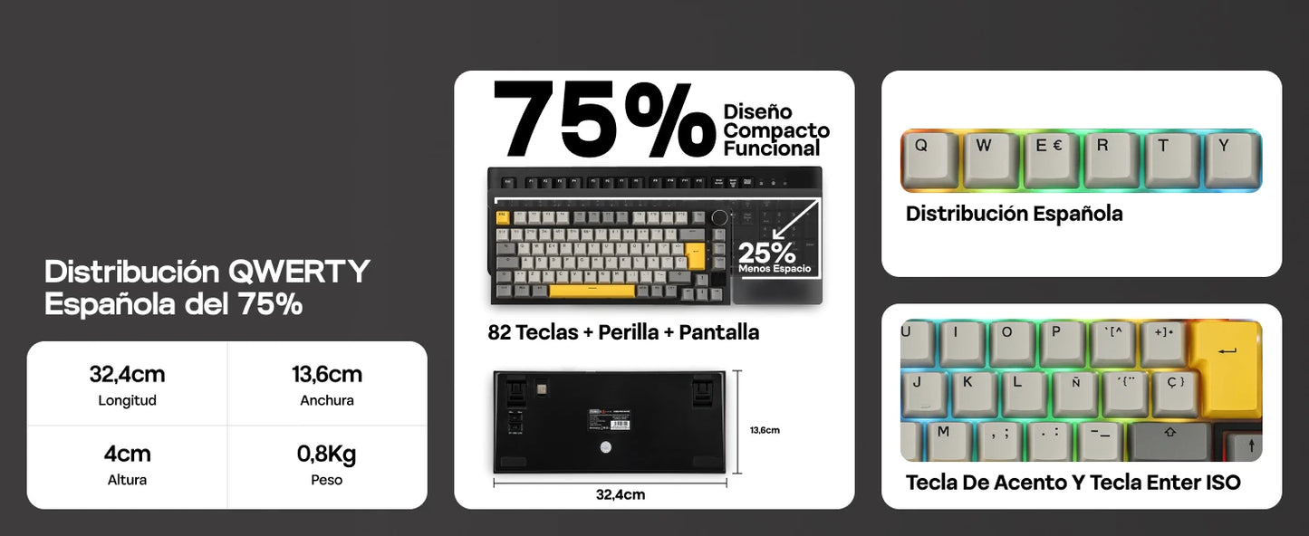 ISO-ES-Layout EPOMAKER X AJAZZ AK820 PRO 75% Spanisches Layout Kabelgebundene/2.4GHz/BT mechanische Tastatur mit Display & Drehregler für PC/Mac