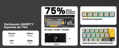 ISO-ES-Layout EPOMAKER X AJAZZ AK820 PRO 75% Spanisches Layout Kabelgebundene/2.4GHz/BT mechanische Tastatur mit Display & Drehregler für PC/Mac