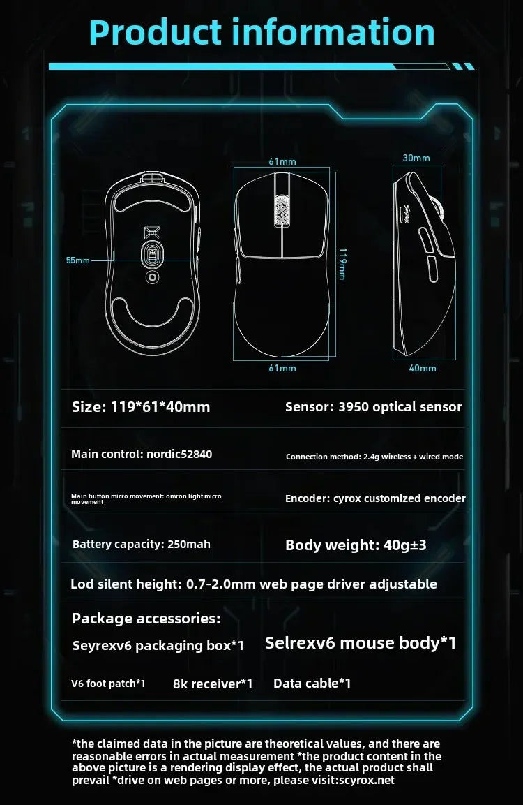 SCYROX V6 ikke-porøs trådløs esports-mus 40g 750IPS med 8k-modtager, hurtig respons, PixArt 3950, høj kvalitet, 8KHz webdriver