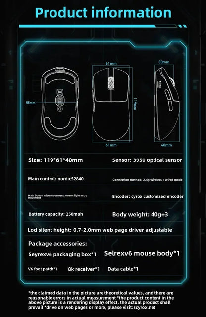 SCYROX V6 ikke-porøs trådløs esports-mus 40g 750IPS med 8k-modtager, hurtig respons, PixArt 3950, høj kvalitet, 8KHz webdriver