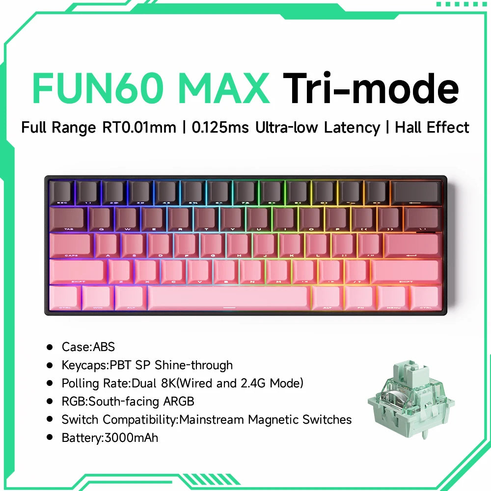 Teclado mecánico MONSGEEK FUN60 PRO&MAX HE con interruptores magnéticos, teclado gaming inalámbrico 60%, Rapid Trigger 8K ARGB personalizable
