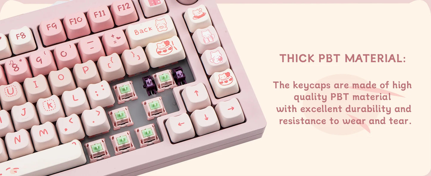 Pink Kitten, Girl MAO Keycap PBT 134 Keys, Customized for 60/84/98/108 Mechanical Keyboard
