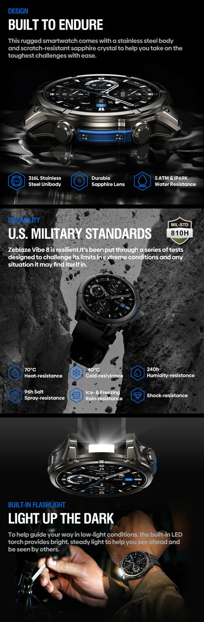 New Zeblaze VIBE 8 AMOLED Display Built-in Flashlight Smartwatch Sapphire Lens Make/Receive Calls HR/BP Monitoring Smart Watch