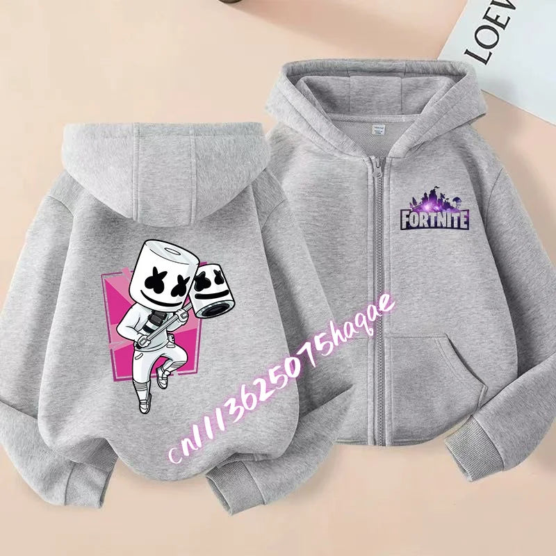 Casaco com capuz infantil Fortnite de outono, com fecho, estampado com personagem de jogo em estilo cartoon, casaco de inverno para criança, roupa para menino