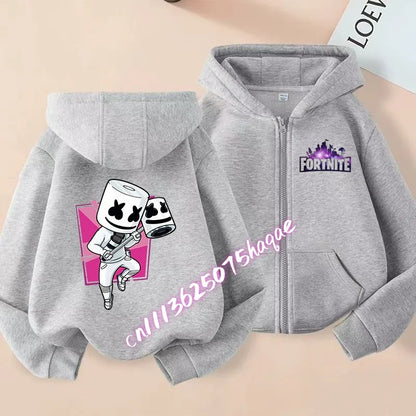 Casaco com capuz infantil Fortnite de outono, com fecho, estampado com personagem de jogo em estilo cartoon, casaco de inverno para criança, roupa para menino