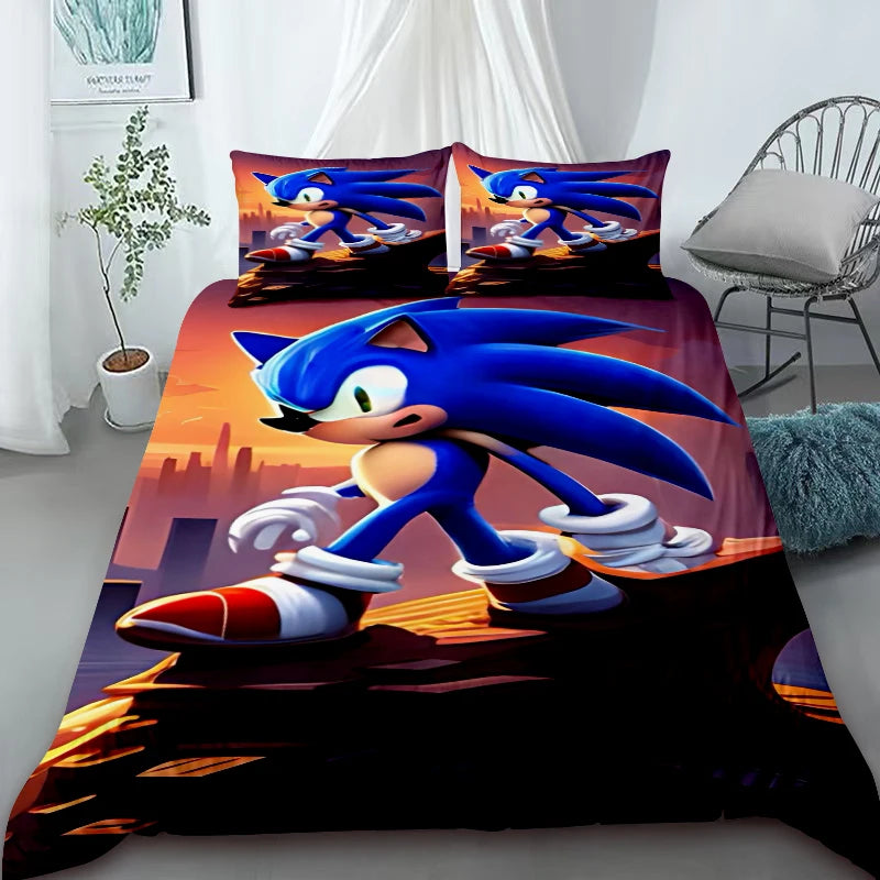 3-Piece Duvet Cover Set – Sonic Cartoon Bedding Set – Duvet Cover for Kids and Teens – Gifts & Bedroom Decor King Queen