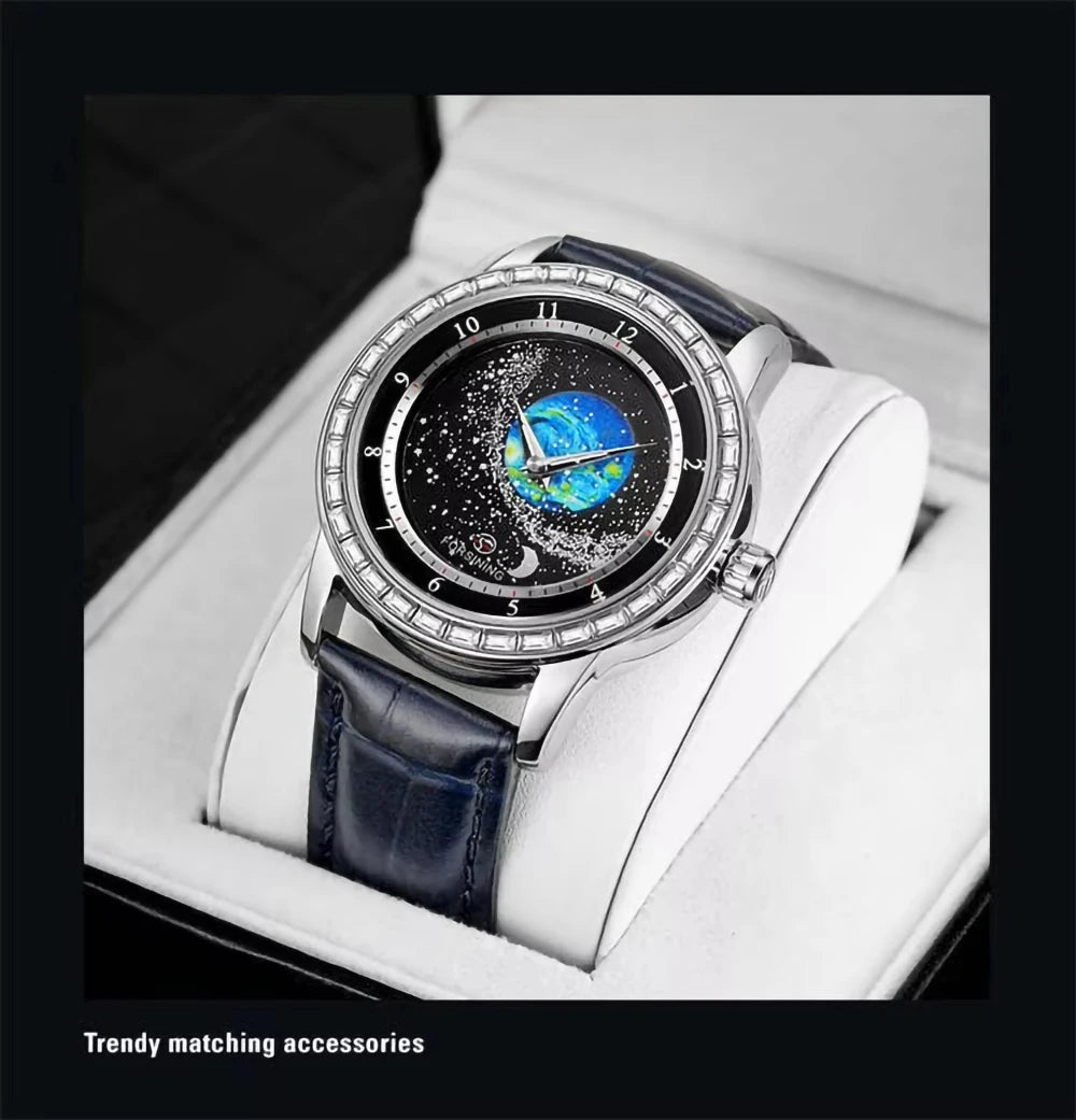 FORSINING Luxury Mens Automatic Mechanical Watch,Earth Star Moon Starry Milky Way Rhinestone Dial Leather Strap,3ATM Waterproof