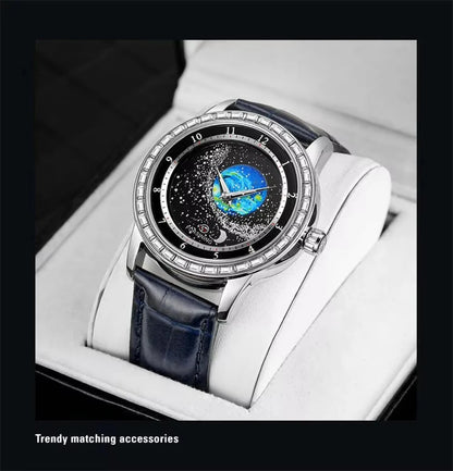 FORSINING Luxury Mens Automatic Mechanical Watch,Earth Star Moon Starry Milky Way Rhinestone Dial Leather Strap,3ATM Waterproof