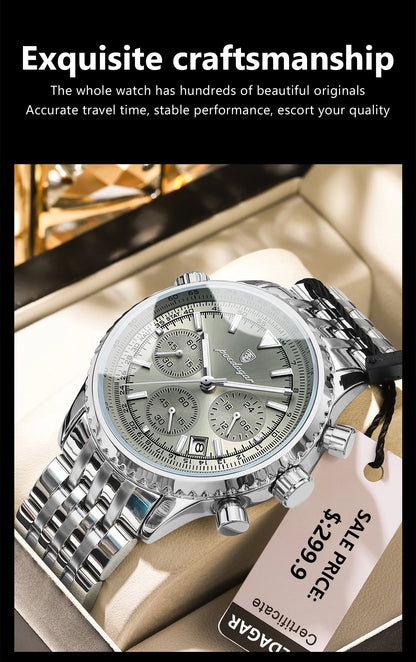 POEDAGAR Fashion Men's Quartz Watch Stainless Steel Waterproof Luminous Man Watch Chronograph Date Multifunction Watches For Men